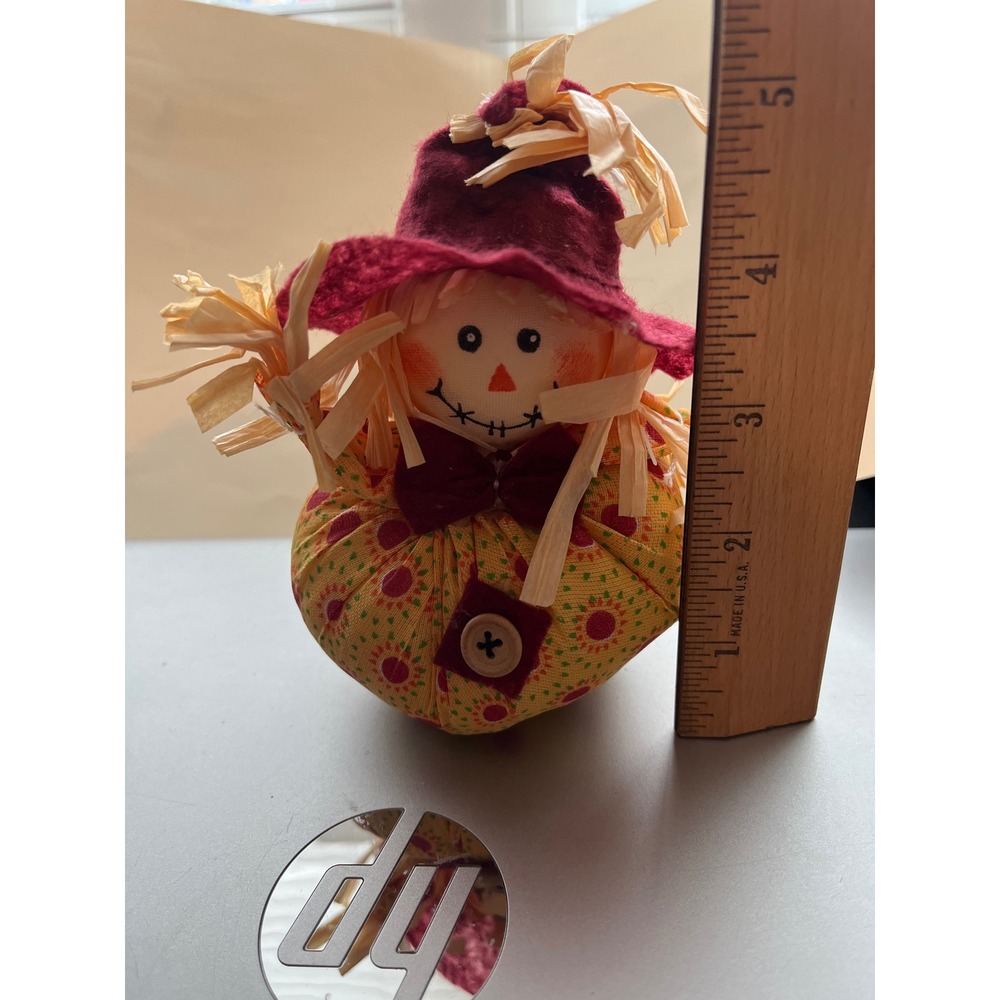 Plush Scarecrow Pumpkin Figure Fall Autumn Harvest Decor Burgundy Hat 5 Inch